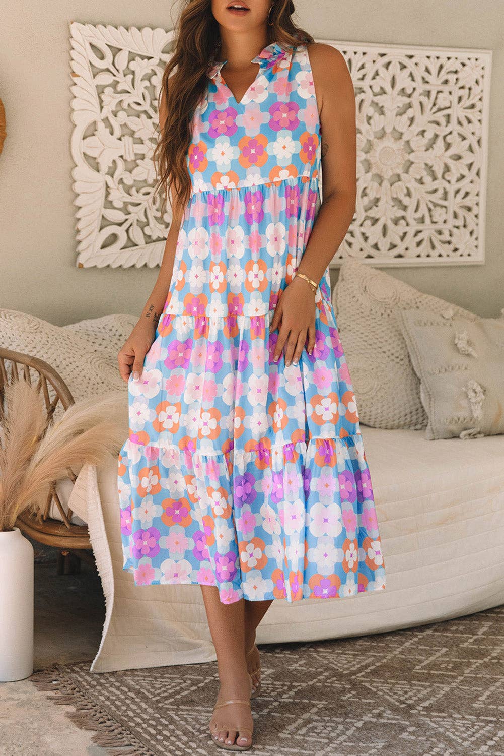 Floral Print Frilly Neck Sleeveless Tiered Maxi Dress: Sky Blue / 100%Polyester / M