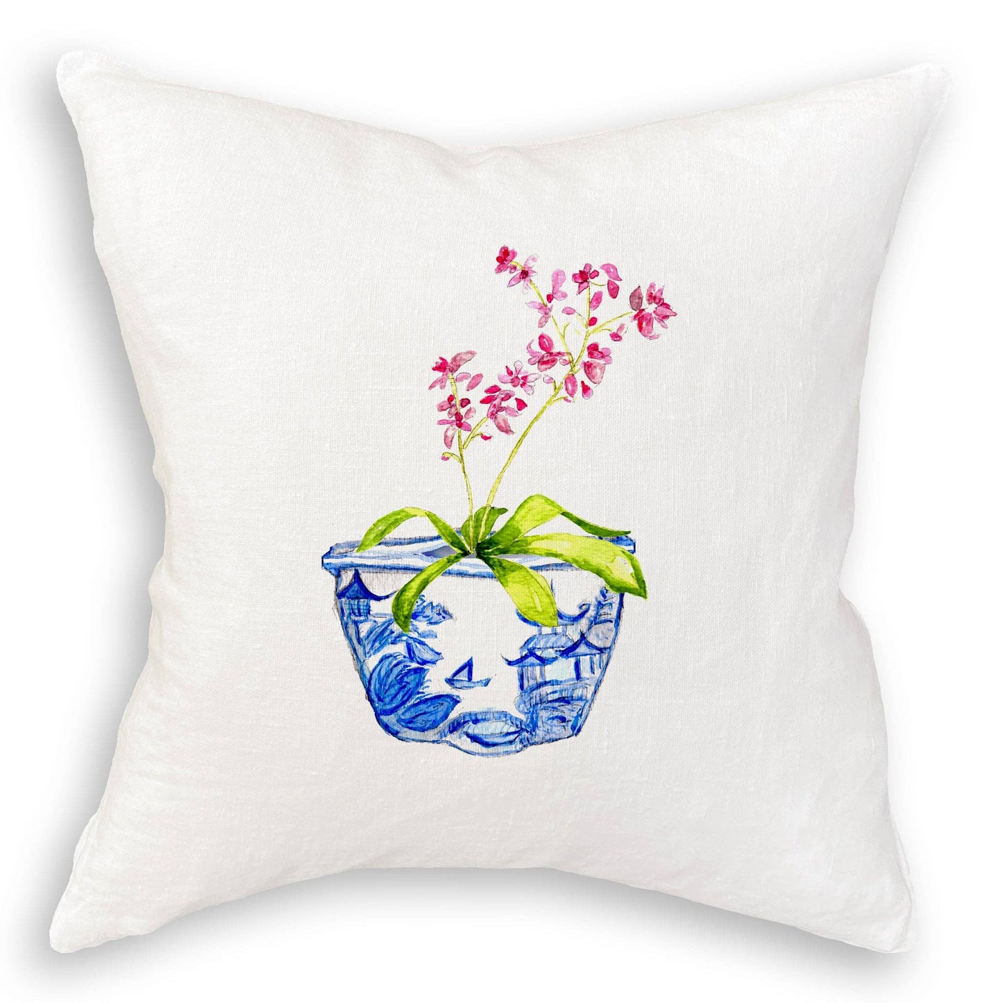 Blue & White Bowl with Pink Orchid: Dishtowel / -