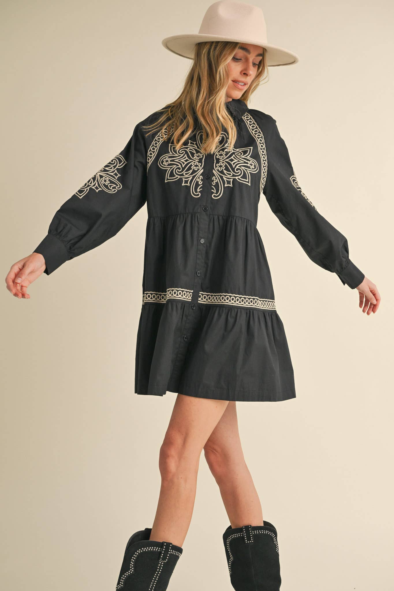 EMBROIDERED BUTTON DOWN MINI DRESS MDR3513: Hunter Green / M