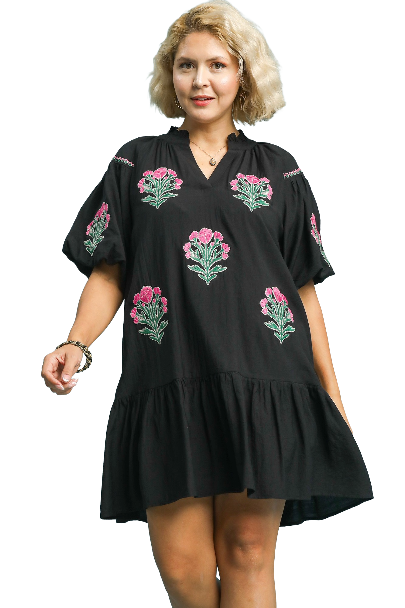 Plus Boho Floral Embroidered Mini Dress: KELLY GREEN / 1-1-1(XL-1XL-2XL)