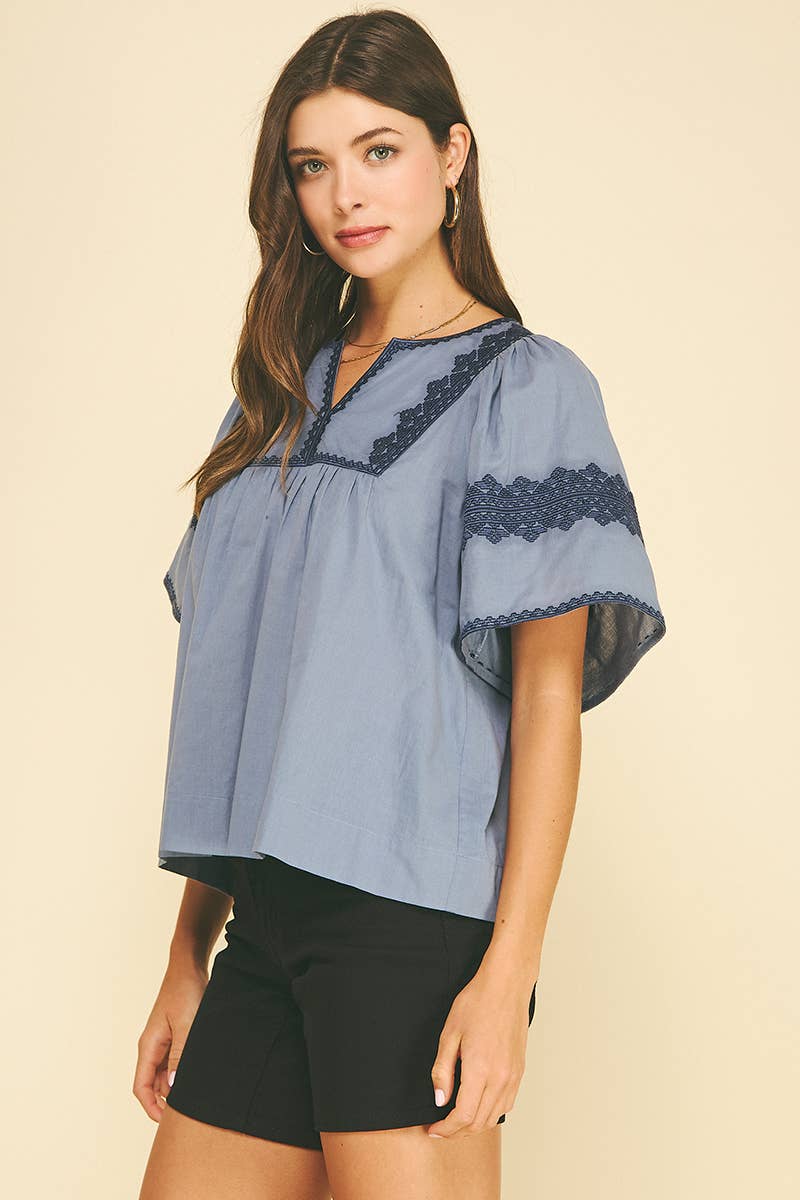 BOHO EMBROIDRED PUFF SLEEVE BLOUSE - 7132T: Blue / L