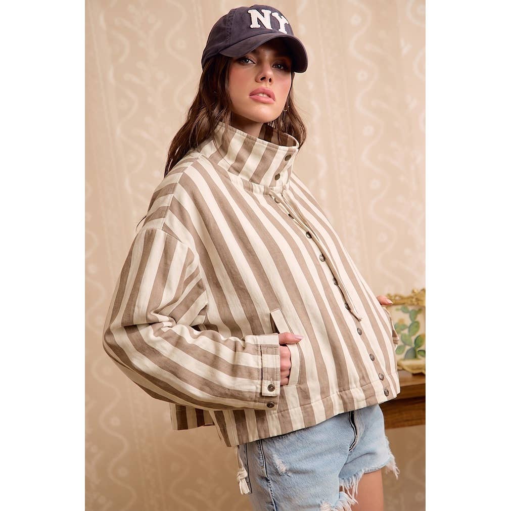PRINTED HOODED WINDBREAKER JACKET TOP: MOCHA GINGHAM / M