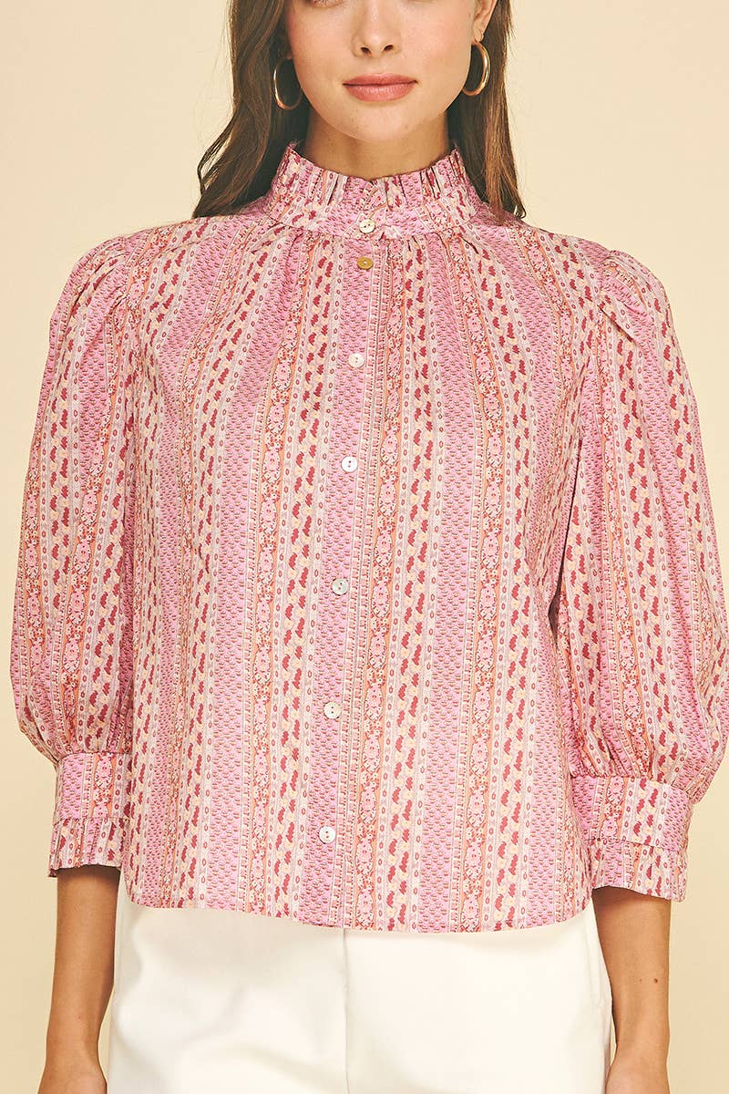 FLORAL BOTANICAL PRINT BUTTON DOWN BLOUSE - 7450T: GREEN MULTI / M