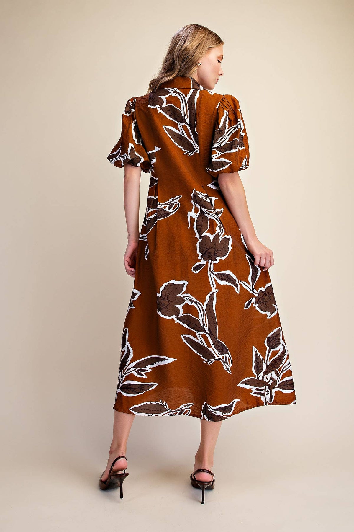 Fall/Winter Print Puff Sleeve Midi Dress : Rust / L