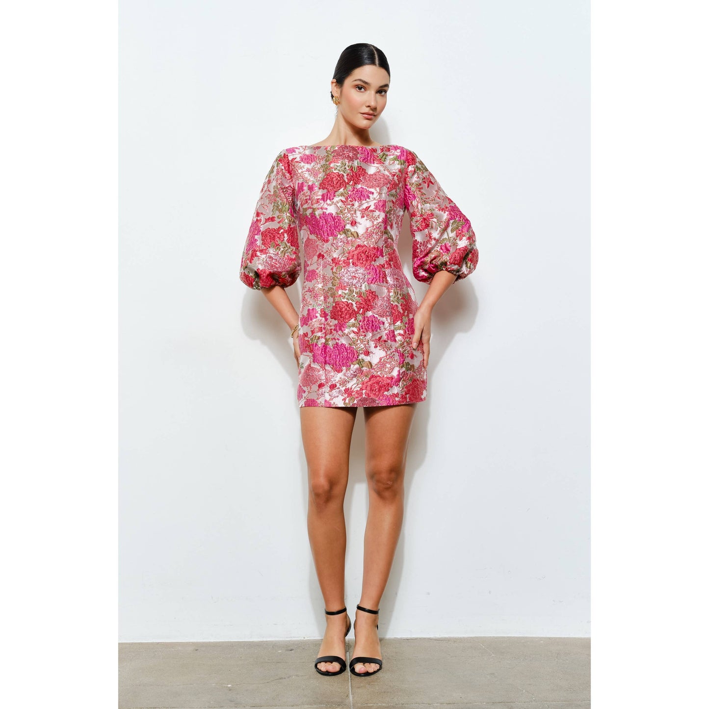 Luxe Metallic Floral Jacquard 3/4 Puff Mini Dress: CORAL / M