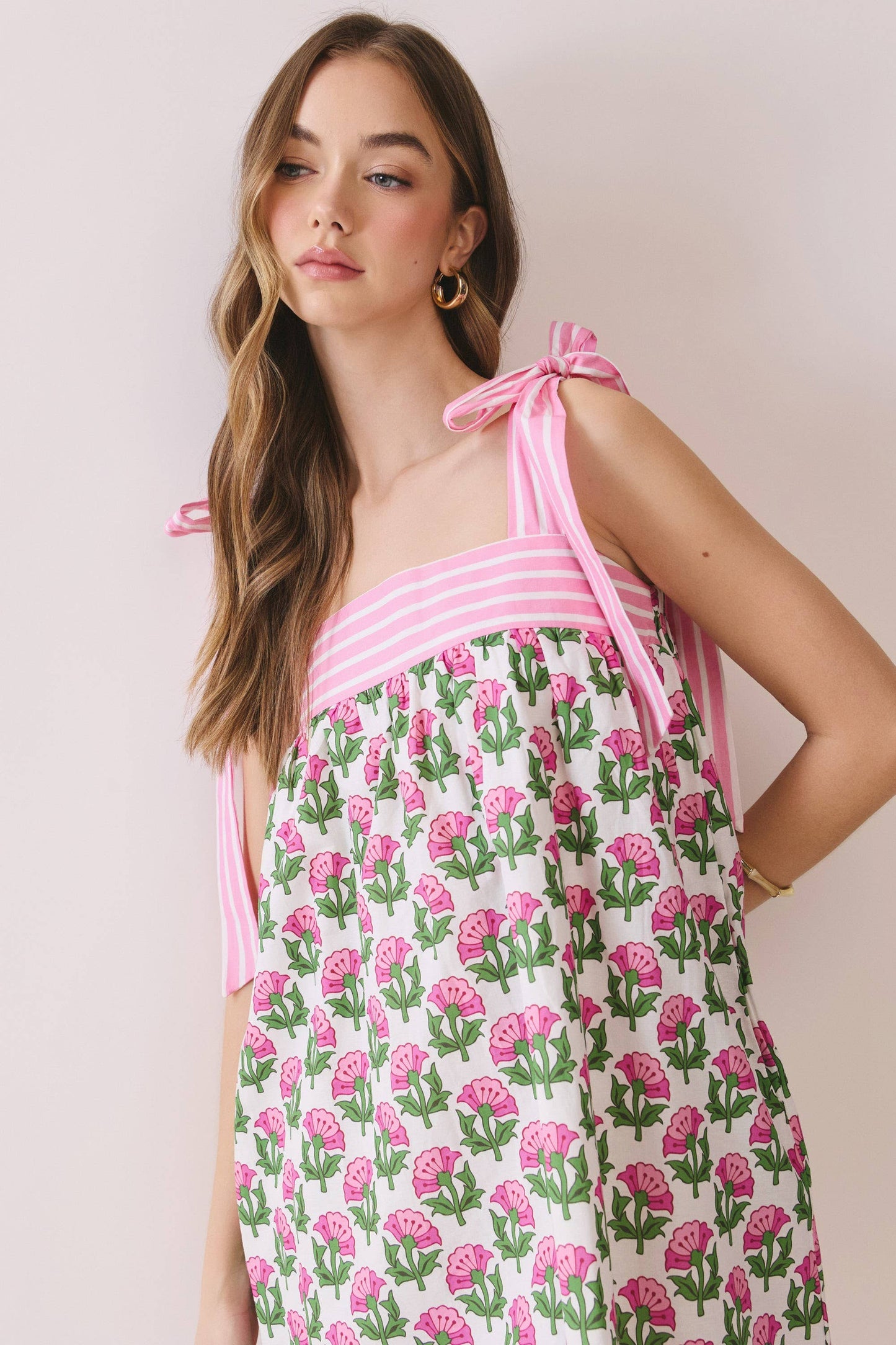 CD06842-Floral Babydoll Mini Dress with Tie Straps: Pink / M