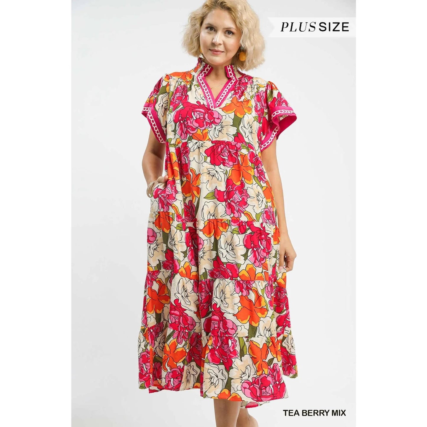 PLUS Mix Bold Floral Tiered Midi Dress: TEA BERRY MIX / 2X