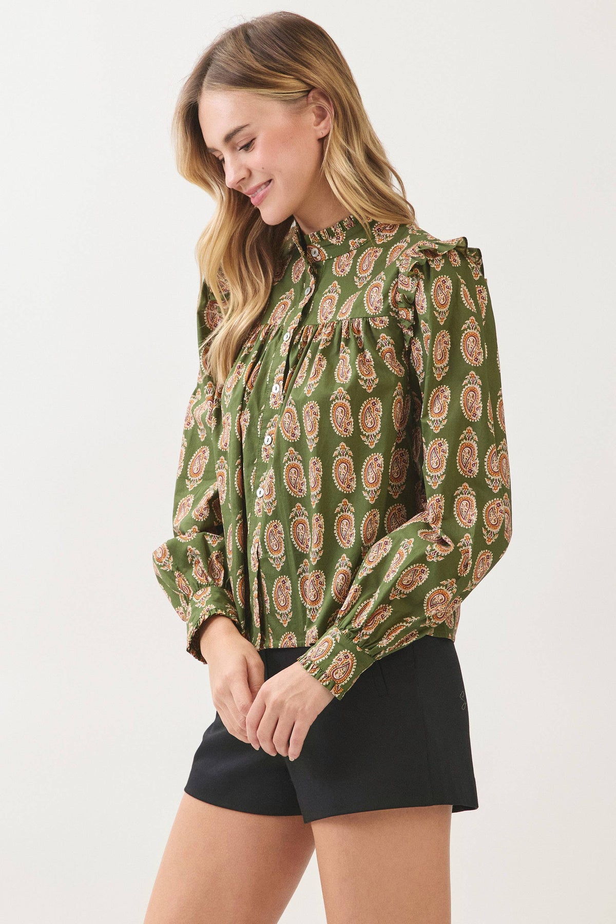 PAISLEY PRINT BUTTON DOWN SHIRT - 7614T: OLIVE / M
