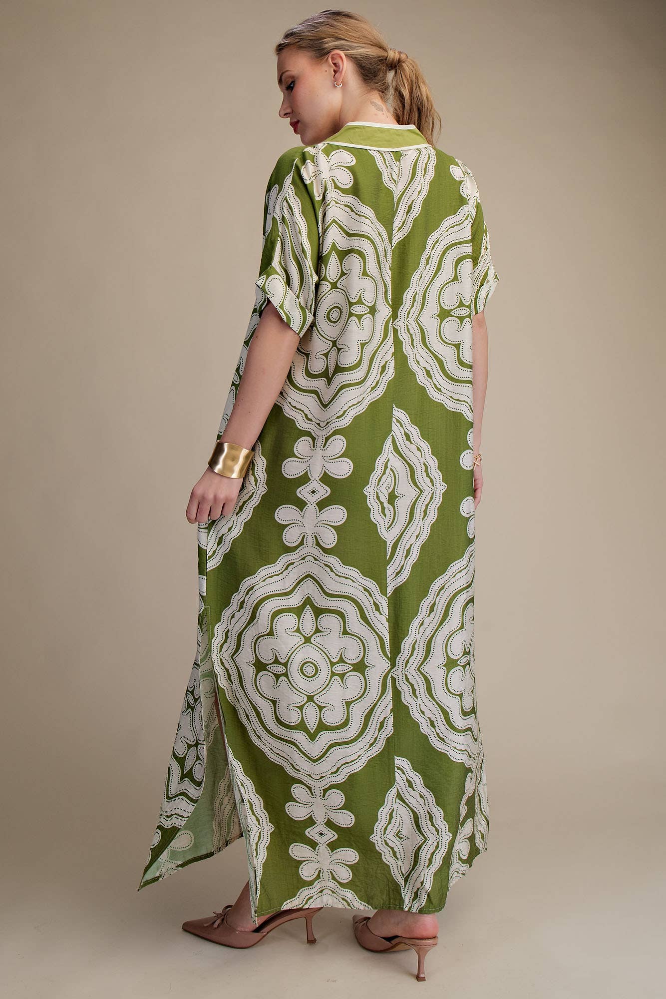 V-Neck Short Sleeve Maxi Print Dress: Blue / M