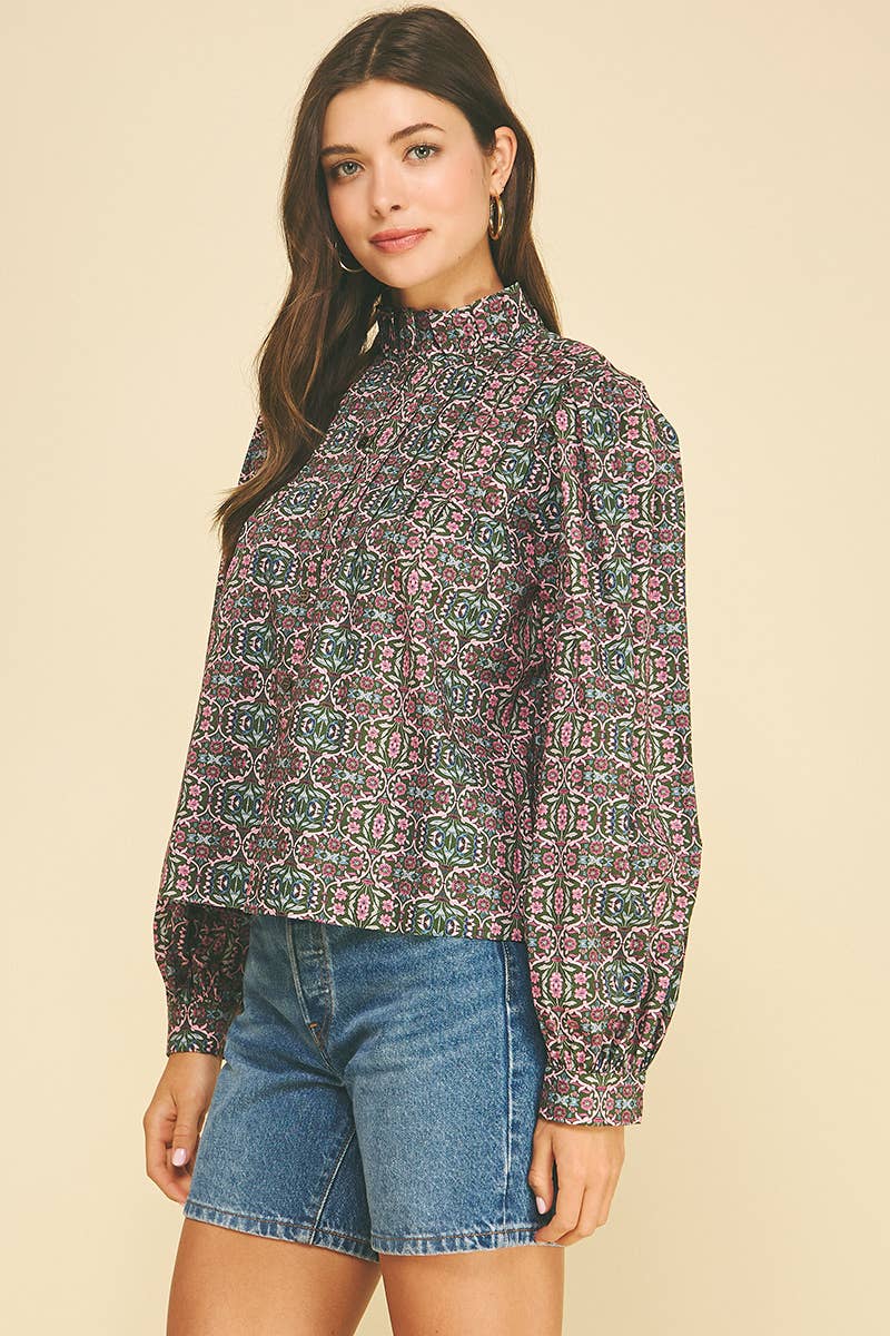 GEOMETRIC FLORAL RUFFLED MOCK NECK BLOUSE - 7594T: NAVY PINK / S