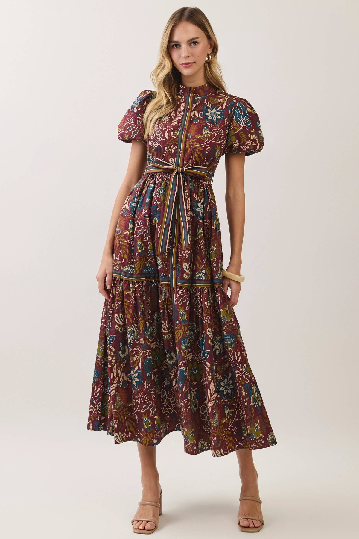 CD07579-Paisley Floral Print Belted Midi Dress: Burgundy / S