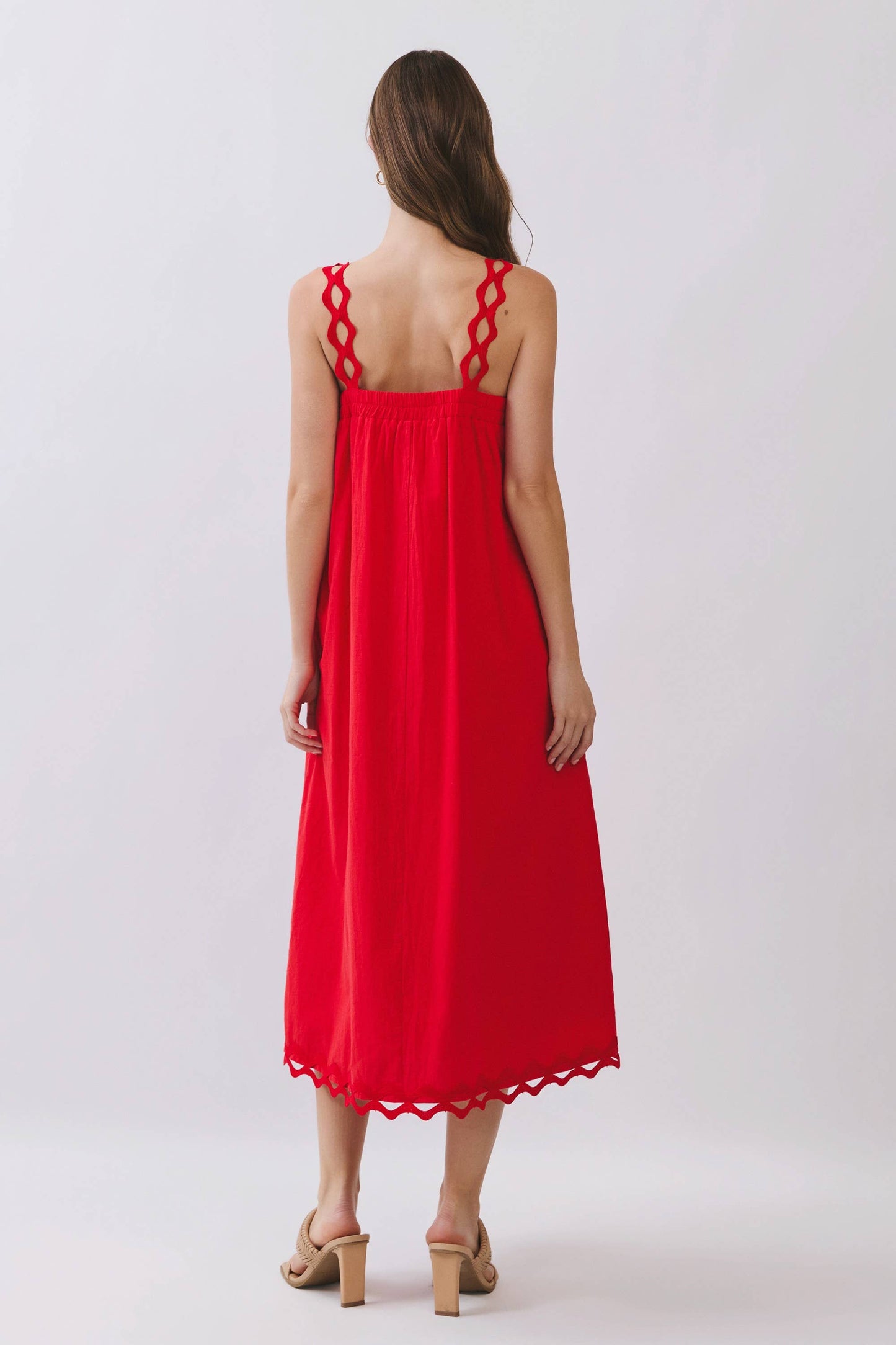 CD07116-Scallop Strap Relaxed Fit Midi Dress: Blue / L