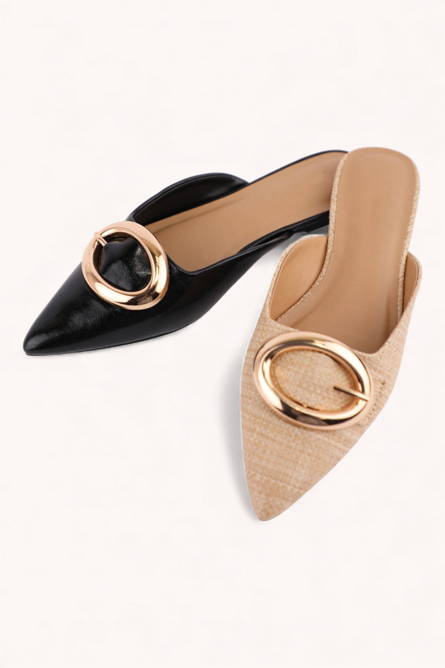 JAMIE-C MODERN WARDROBE GOLD BUCKLE POINTED TOE MULES: NATURAL RAFFIA / B18
