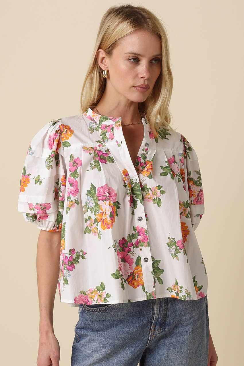 Megan Floral Puff-Sleeve Blouse: White Pink Floral / Contemporary / L