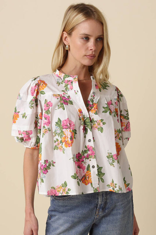 Megan Floral Puff-Sleeve Blouse: White Pink Floral / Contemporary / S
