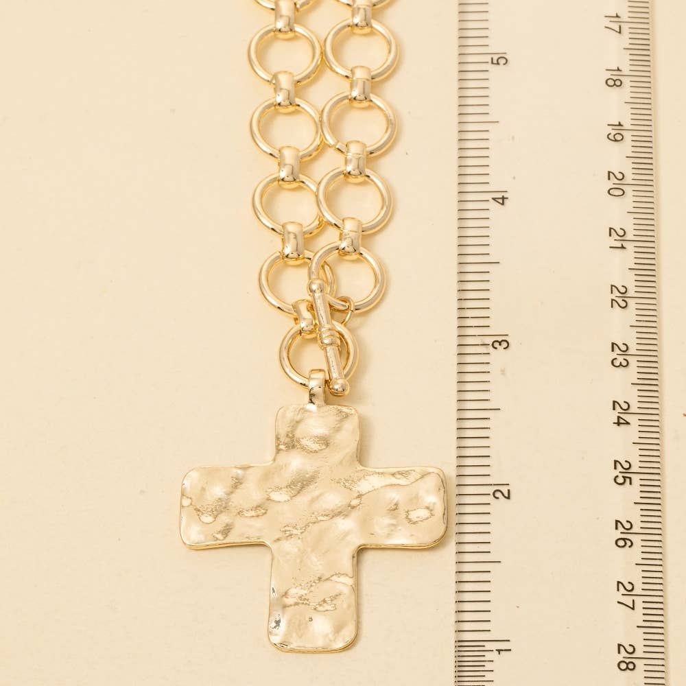 Hammered Flat Cross Pendant Toggle Chain Necklace: SGD