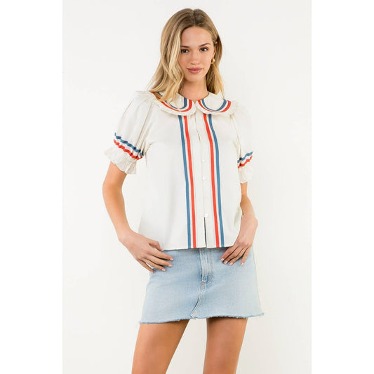 Striped Trim Puff Sleeve Button Top: CREAM / XS-S-M-L(1-2-2-1)