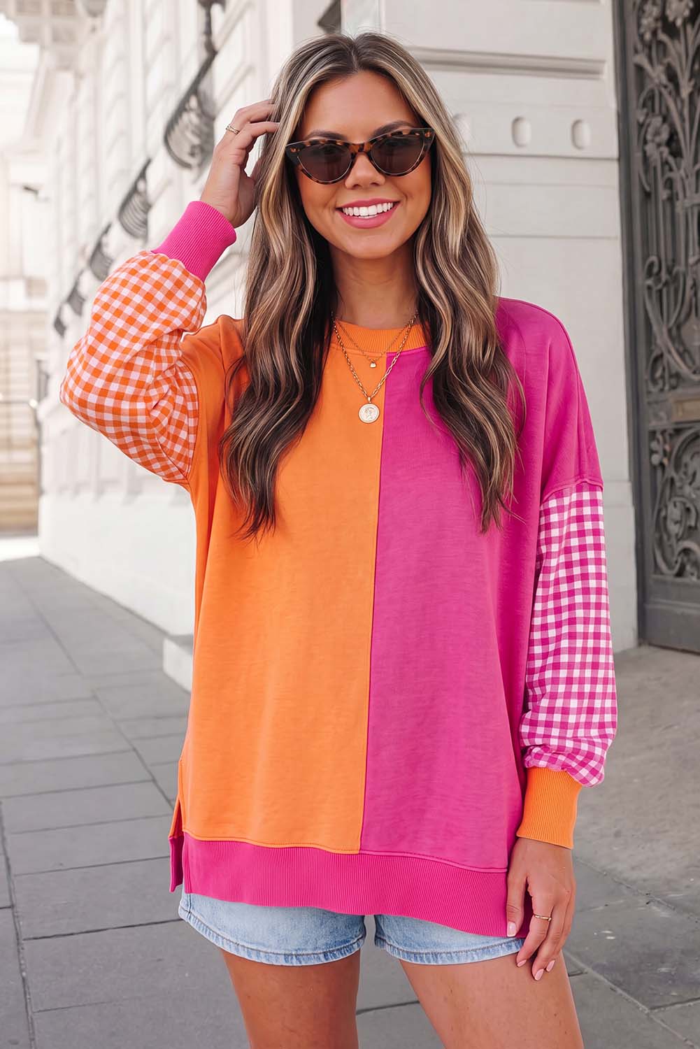 Plaid Print Crewneck Gingham Sleeve Sweatshirt FW26 | S-XL: Rose Red / L