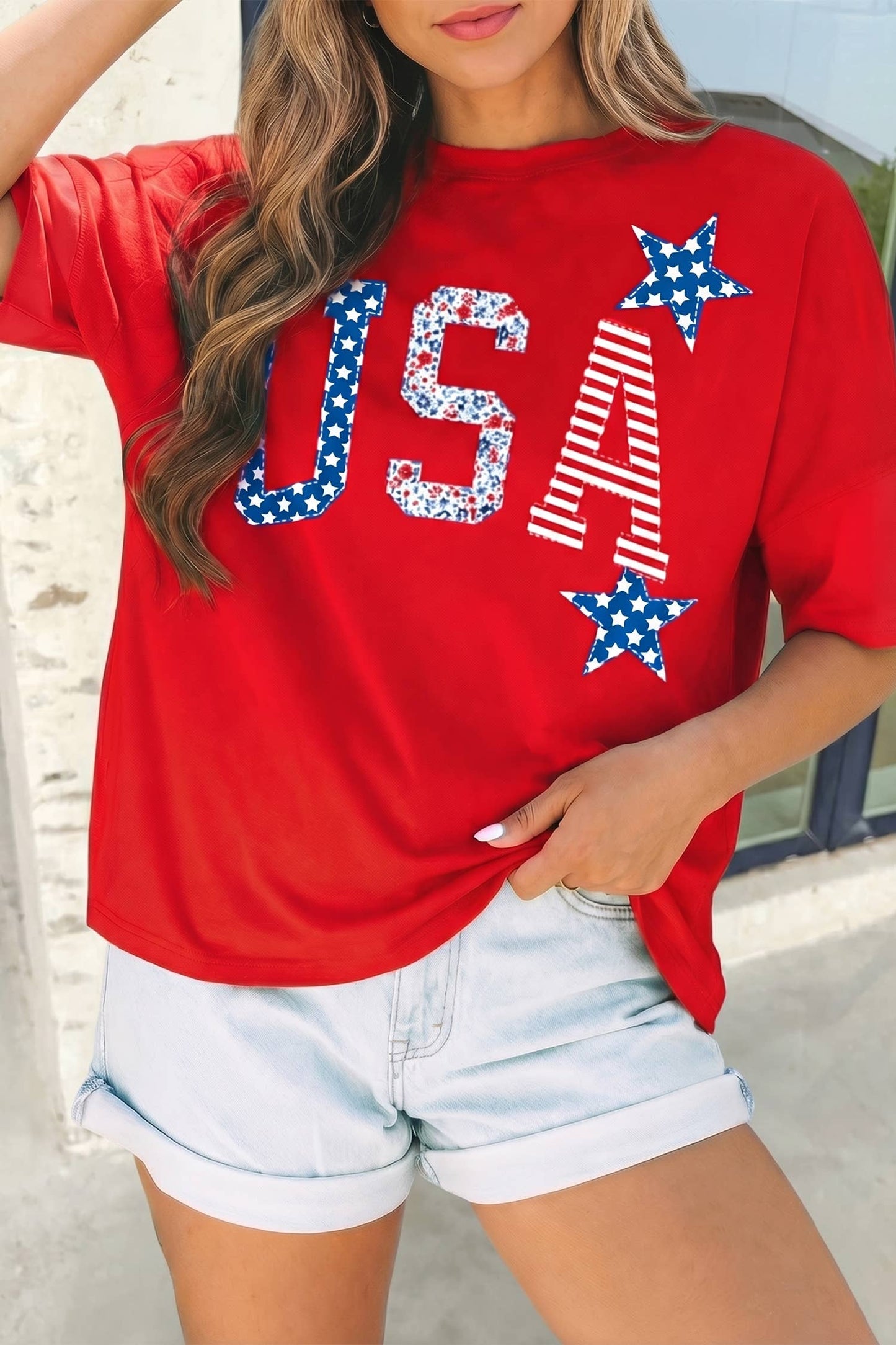 USA Patriotic Star Patched Oversize Tee | S-XL: Fiery Red / S