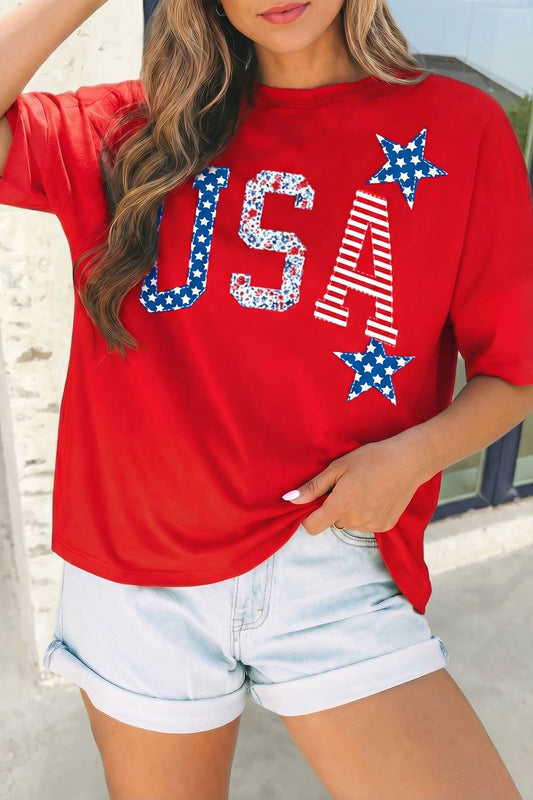 USA Patriotic Star Patched Oversize Tee | S-XL: Fiery Red / M