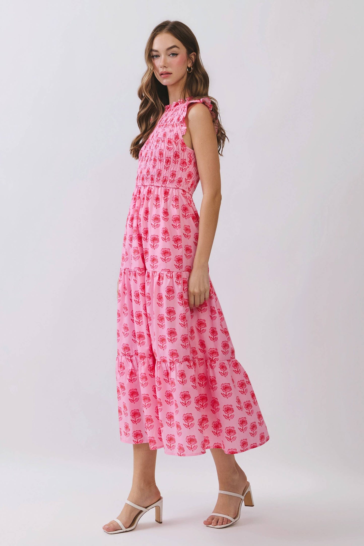 CD07108-Floral Print Smocked Bodice Tiered Midi Dress: Pink / L