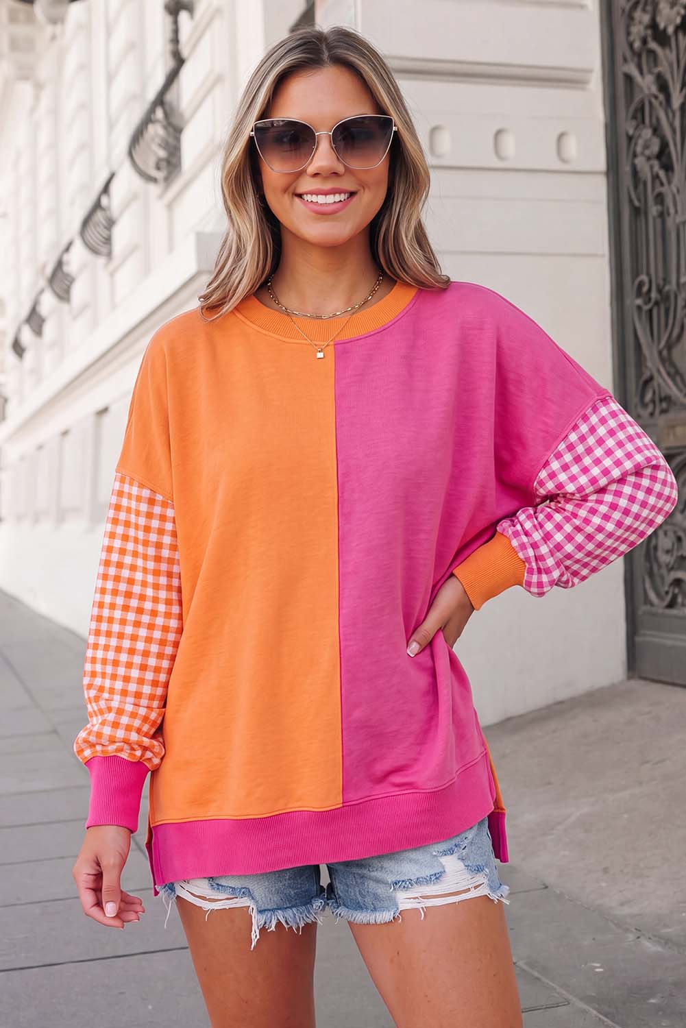 Plaid Print Crewneck Gingham Sleeve Sweatshirt FW26 | S-XL: Rose Red / L