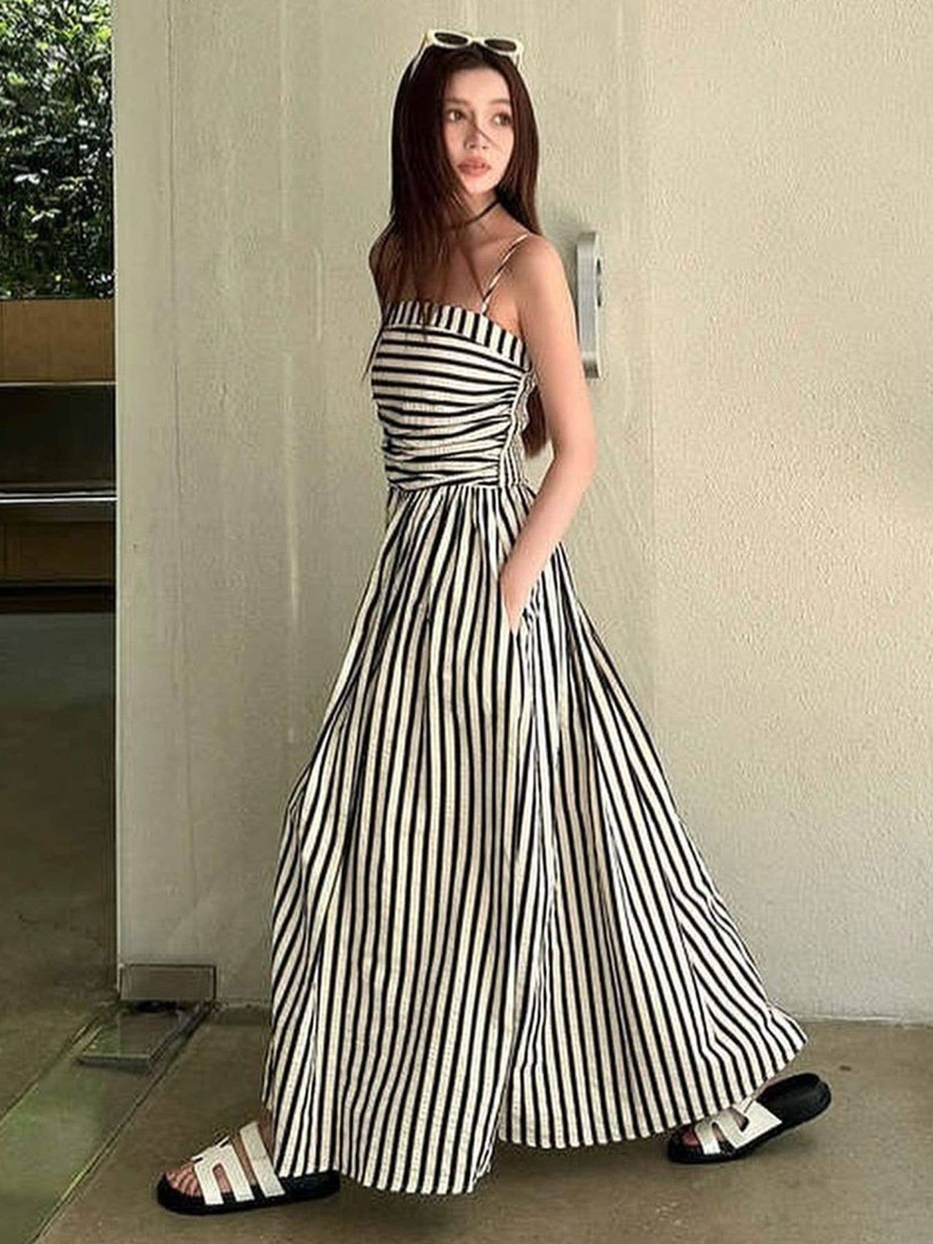 Striped Vacation Maxi Dress with Pockets: Coffee / Missy / L