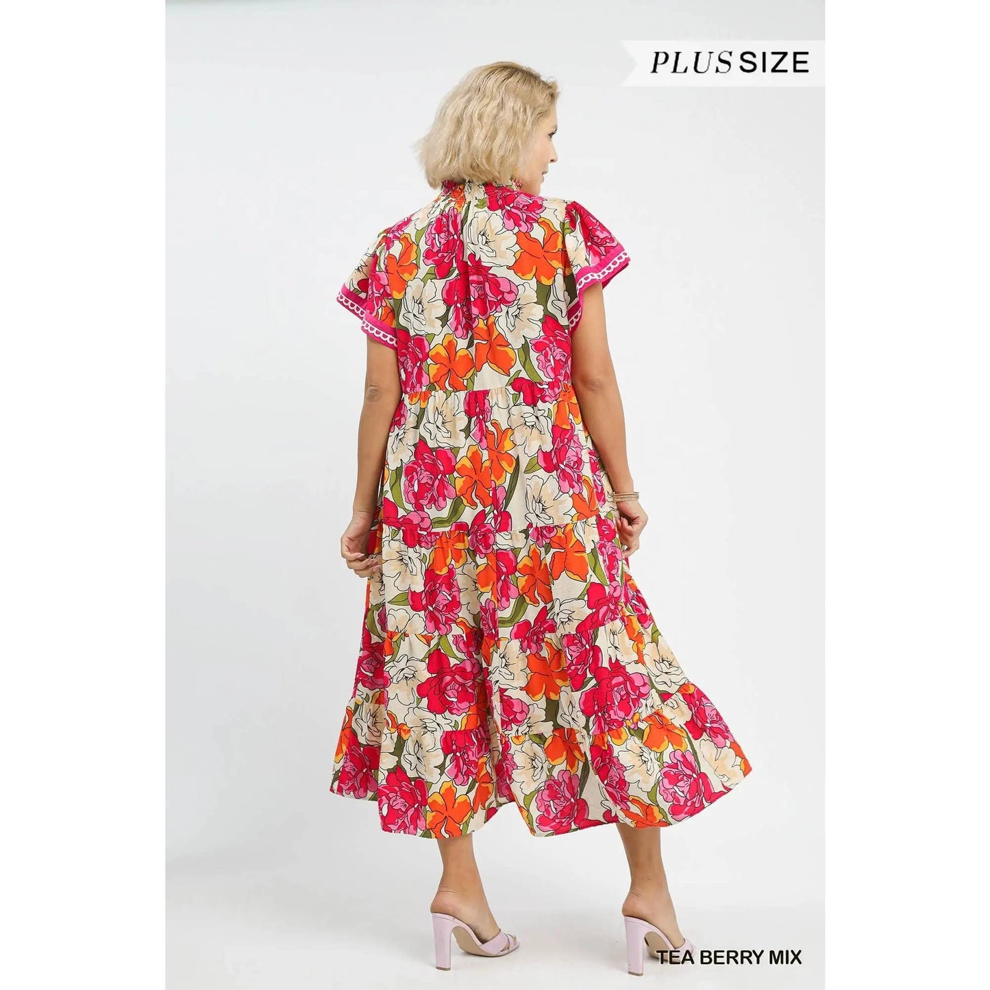 PLUS Mix Bold Floral Tiered Midi Dress: TEA BERRY MIX / XL