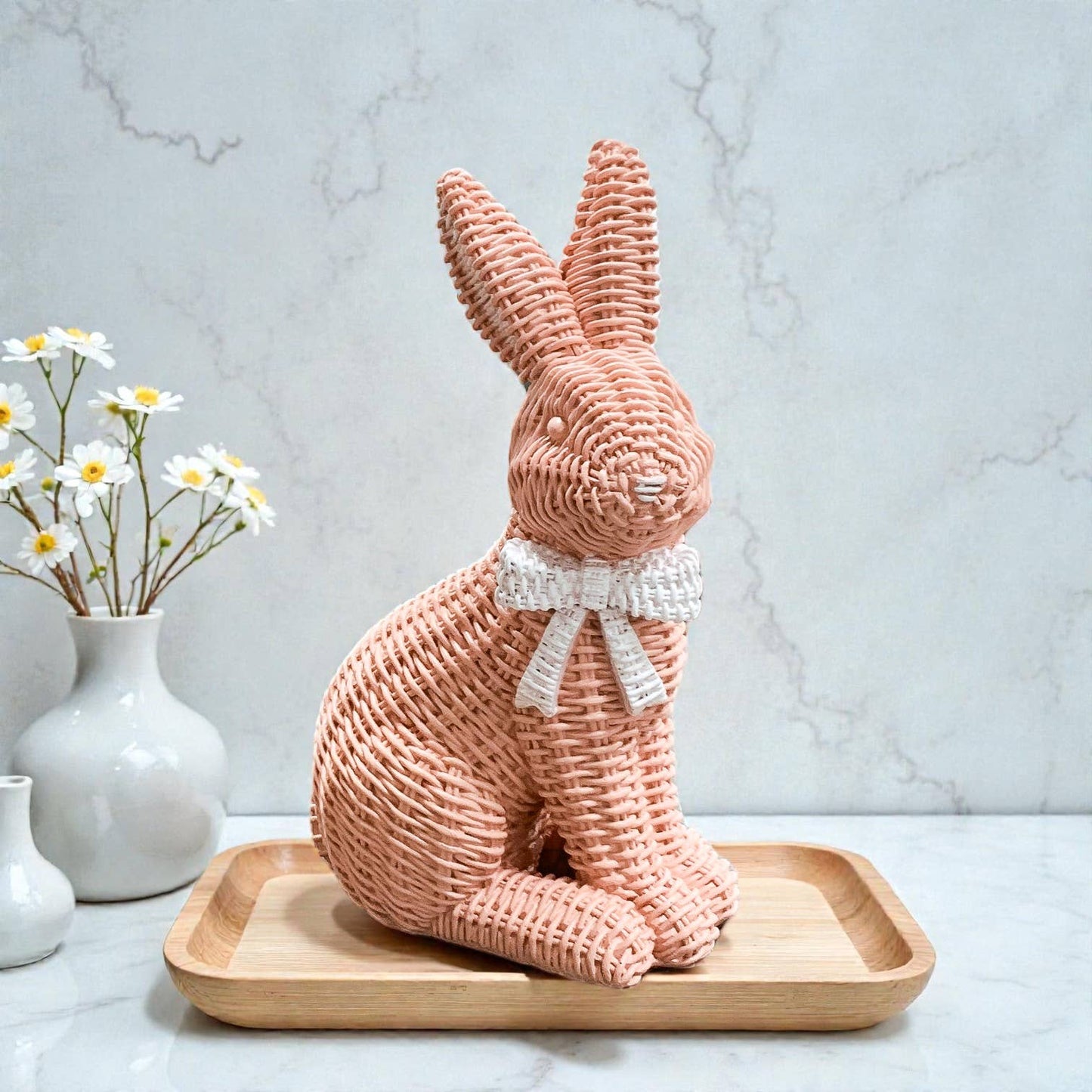 Easter Farmhouse Home Decor, Resin Bunny Figurine Rattan : White