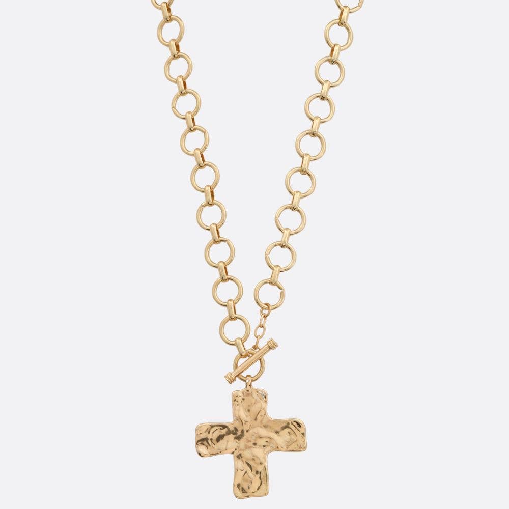 SDJ HAMMERED METAL CROSS PENDANT TOGGLE CLASP NECK, TN 2075: GD