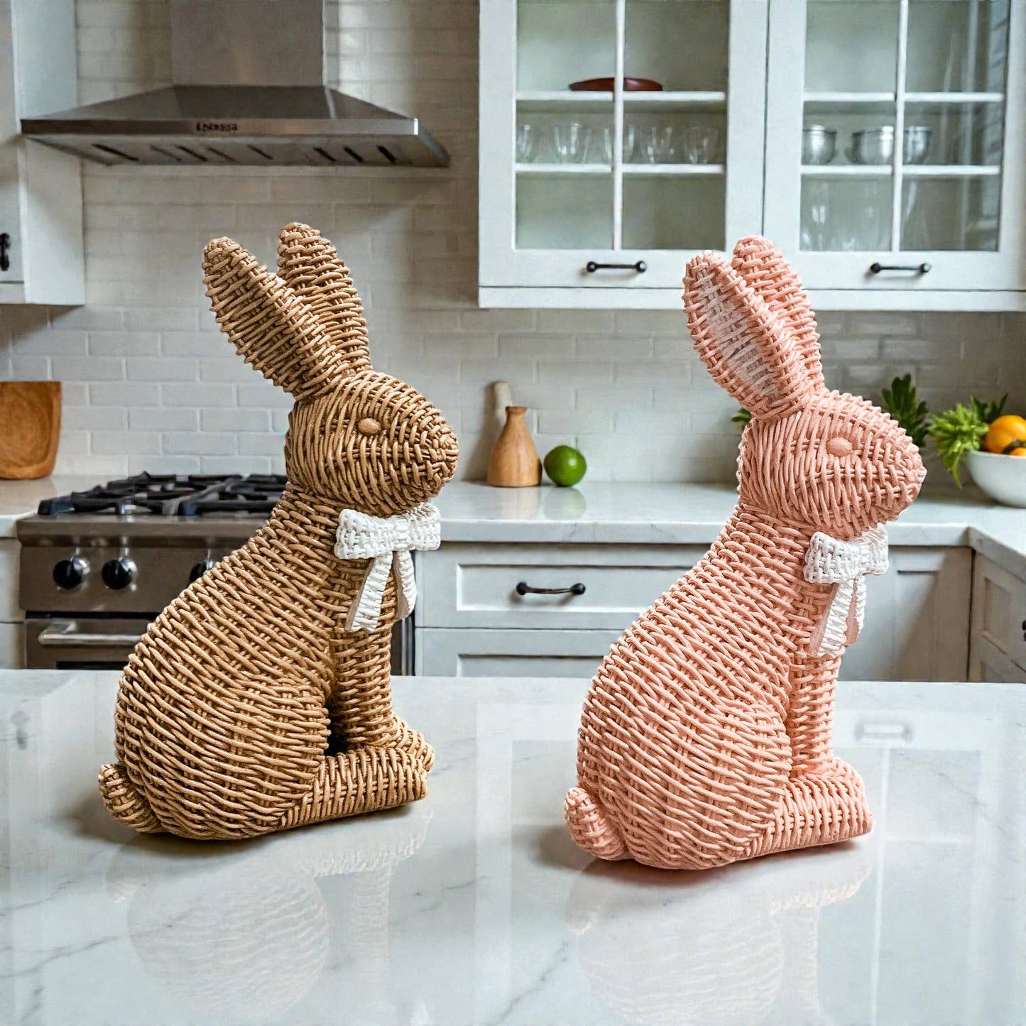 Easter Farmhouse Home Decor, Resin Bunny Figurine Rattan : White