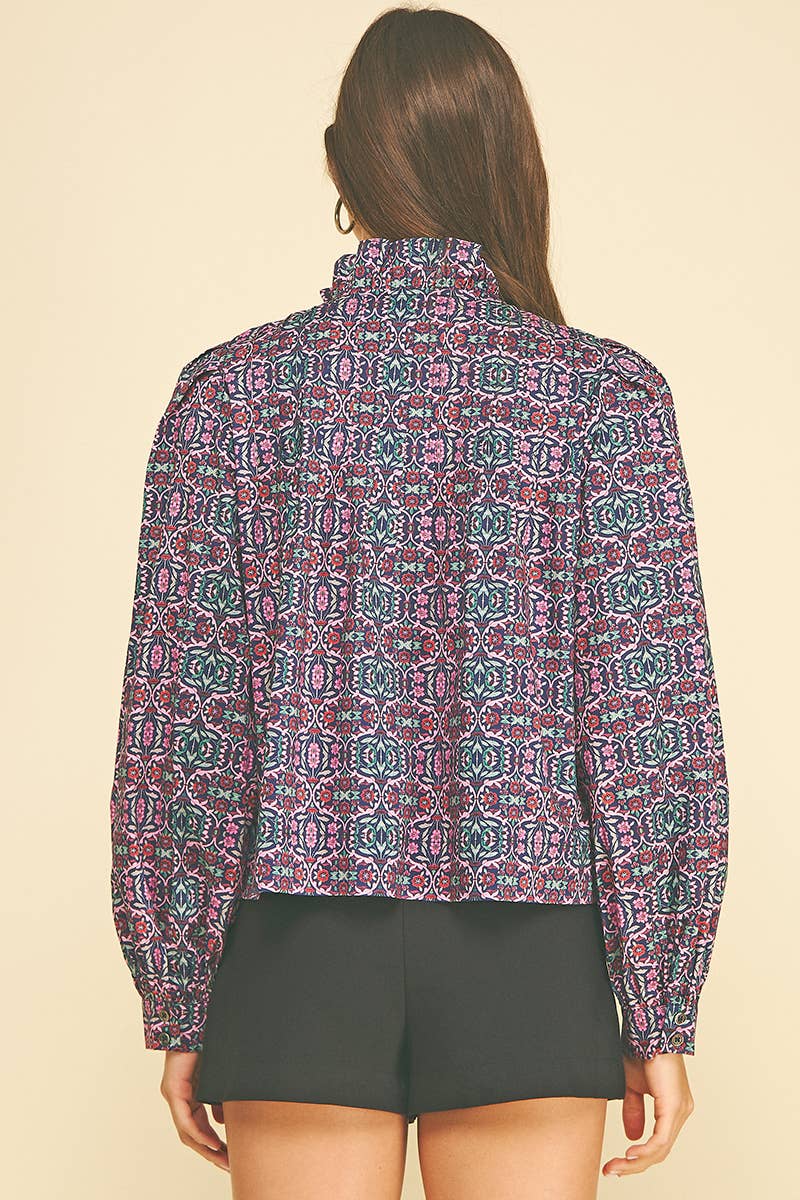 GEOMETRIC FLORAL RUFFLED MOCK NECK BLOUSE - 7594T: NAVY PINK / S