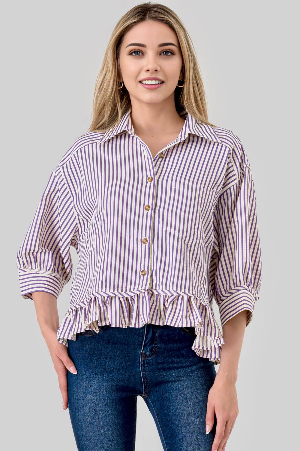 Mbt 9932 Game Day Parker Buttoned Striped Ruffle Top Purple