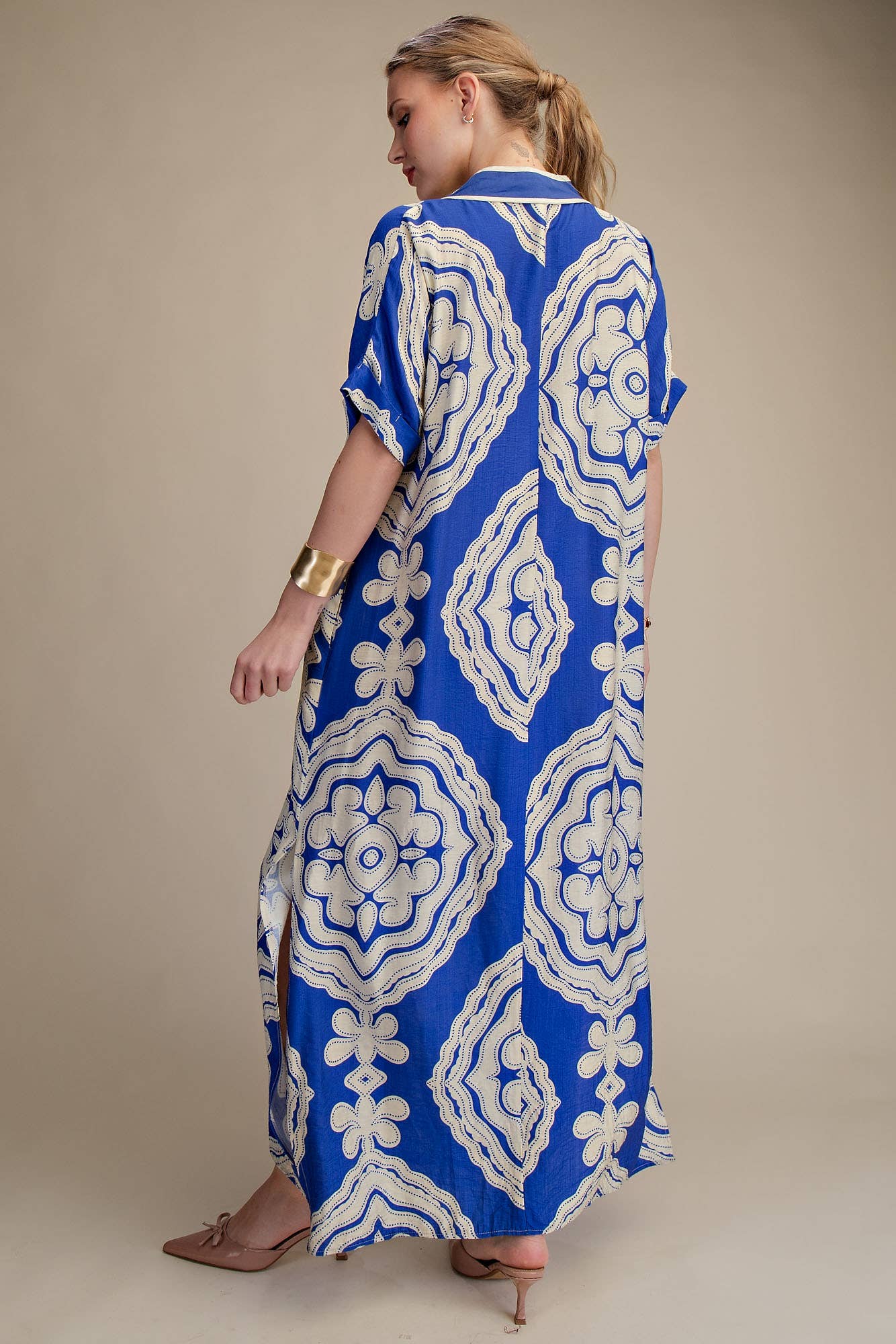 V-Neck Short Sleeve Maxi Print Dress: Blue / M