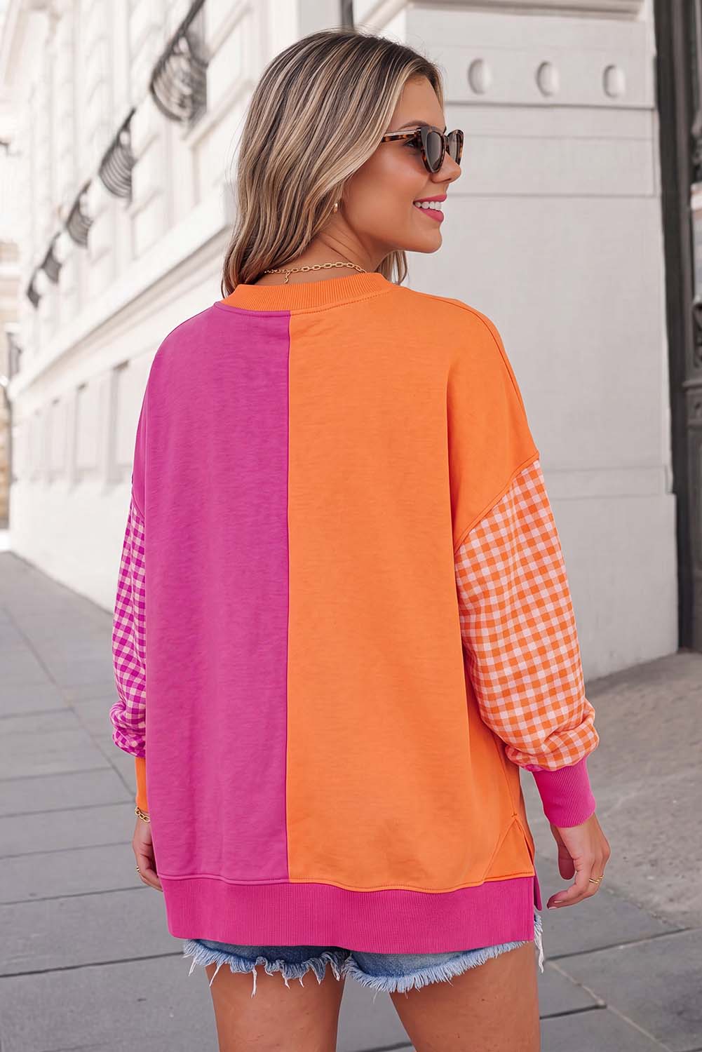 Plaid Print Crewneck Gingham Sleeve Sweatshirt FW26 | S-XL: Rose Red / L