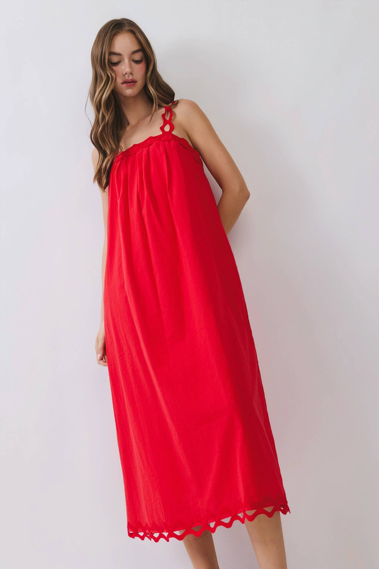 CD07116-Scallop Strap Relaxed Fit Midi Dress: Blue / L