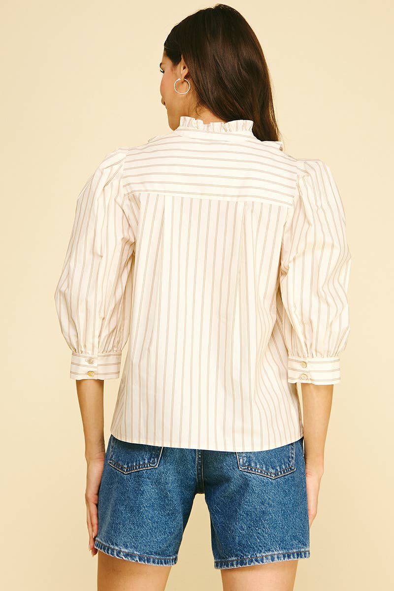 STRIPED RUFFLED COLLAR PUFF SLEEVE BLOUSE - 6241TA: CREAM/TAUPE / S
