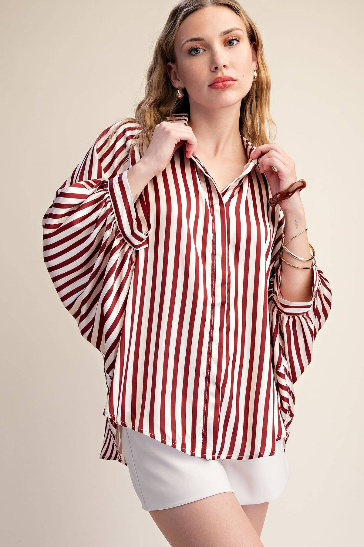 Stripe Wide Puff Sleeve Buttondown Shirt: Olive / L