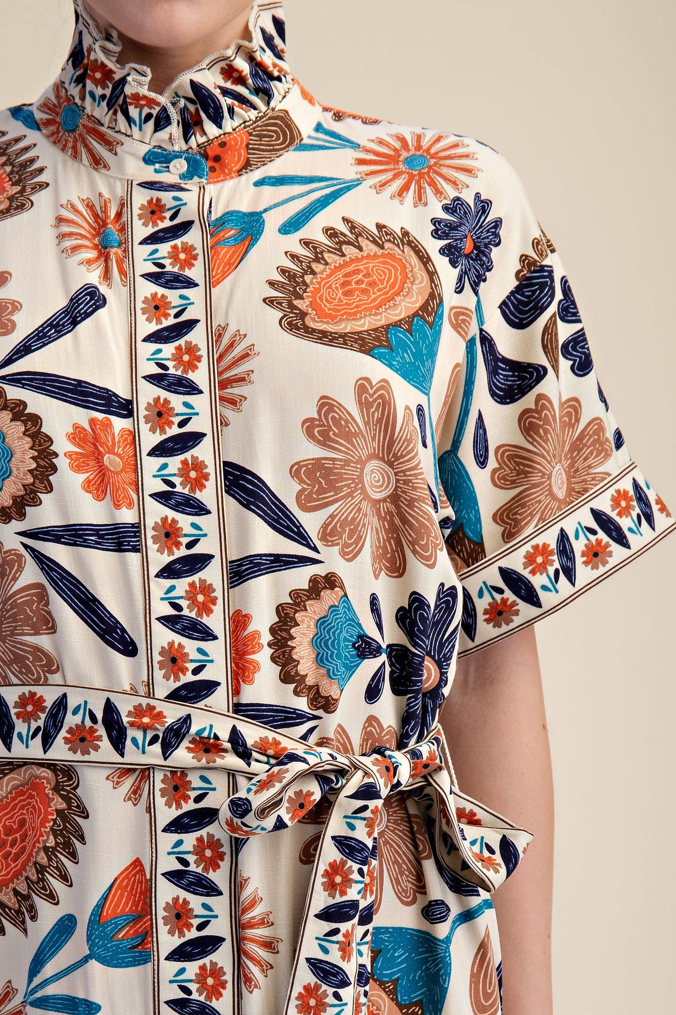 Waist Tie Belt Collar Neck Button-Up Shirts Floral Midi Dres: Coral / M