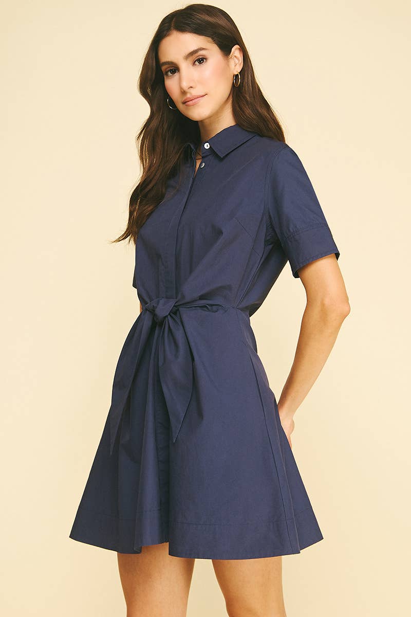 TIE-FRONT BUTTOND DOWN MINI DRESS - 7200D: Black / S