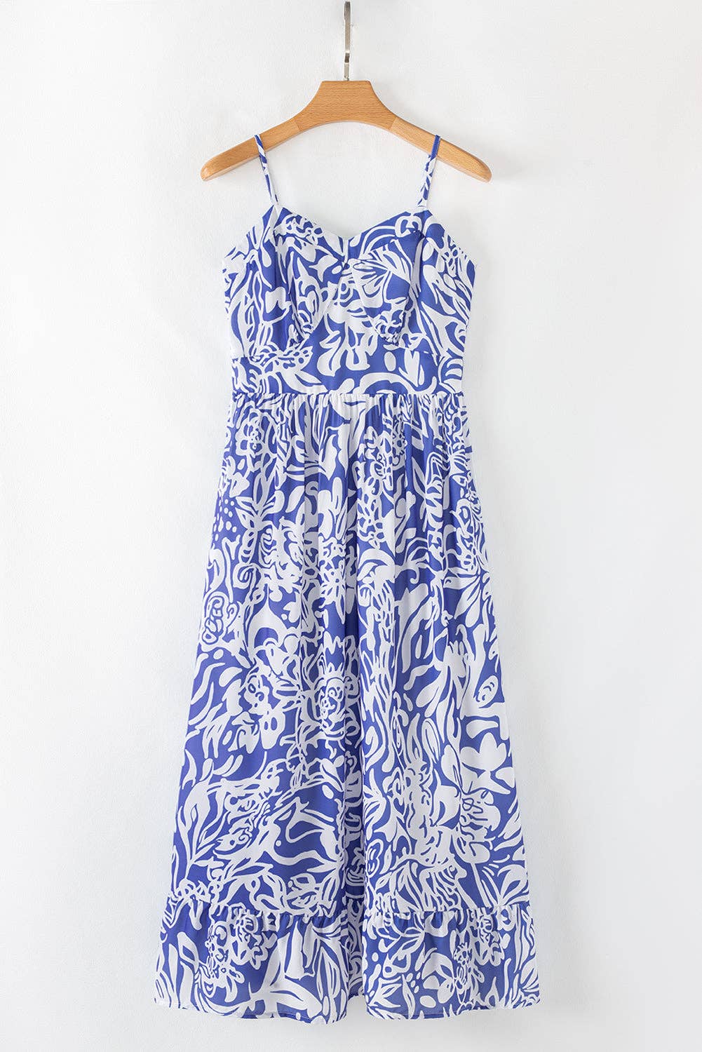 Sky Blue Floral Print Spaghetti Strap High Waist Maxi Dress: Sky Blue / 100%Polyester / M