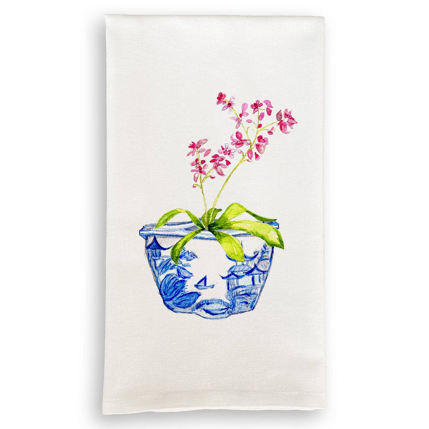 Blue & White Bowl with Pink Orchid: Dishtowel / -