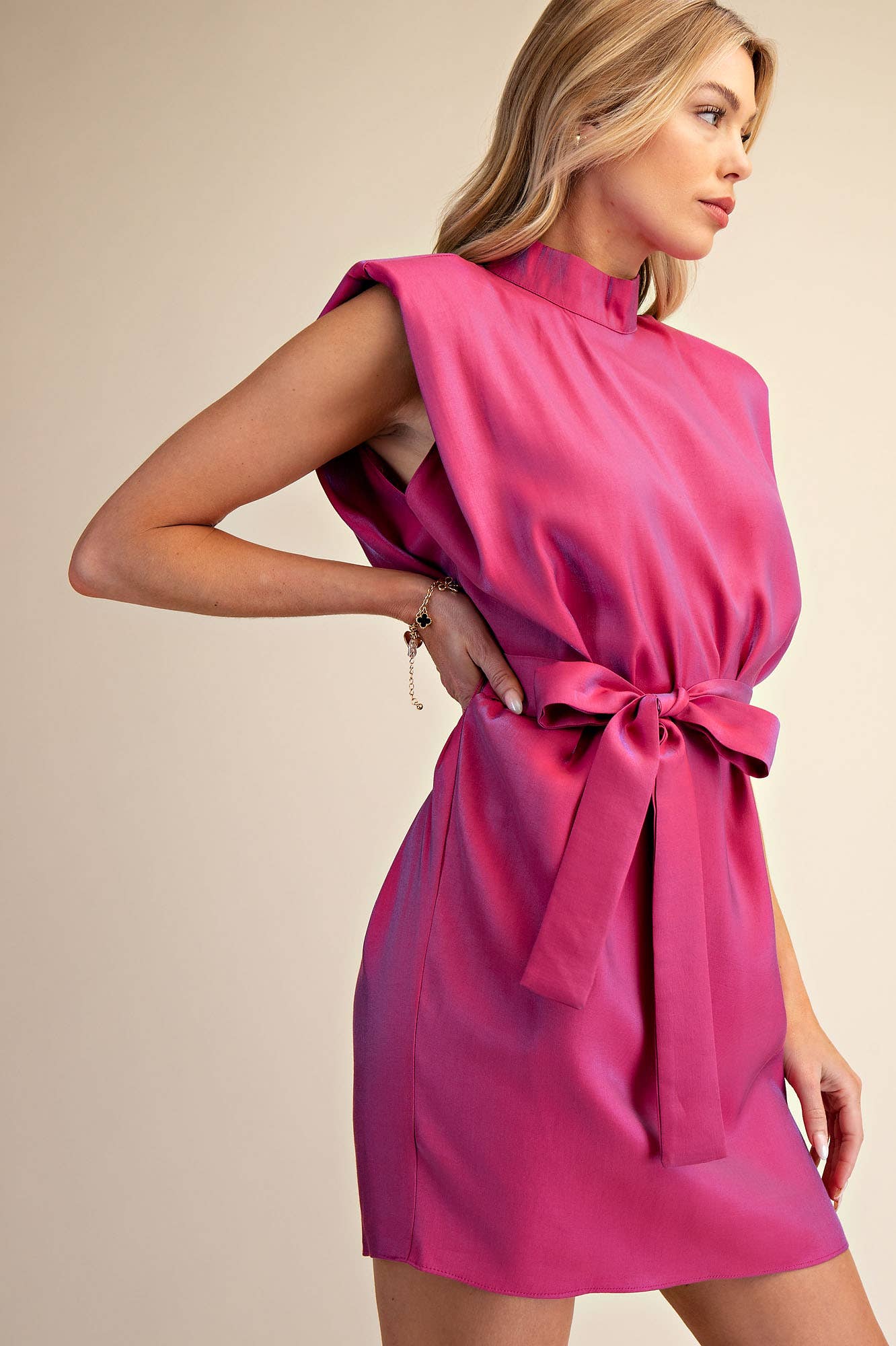 Mock Neck Shoulder Padded Waist Tie Mini Satin Dress: Fuchsia / S