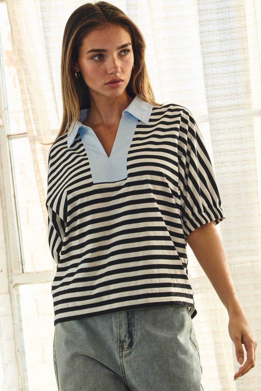 Striped Pullover Top: Green White Combo / S