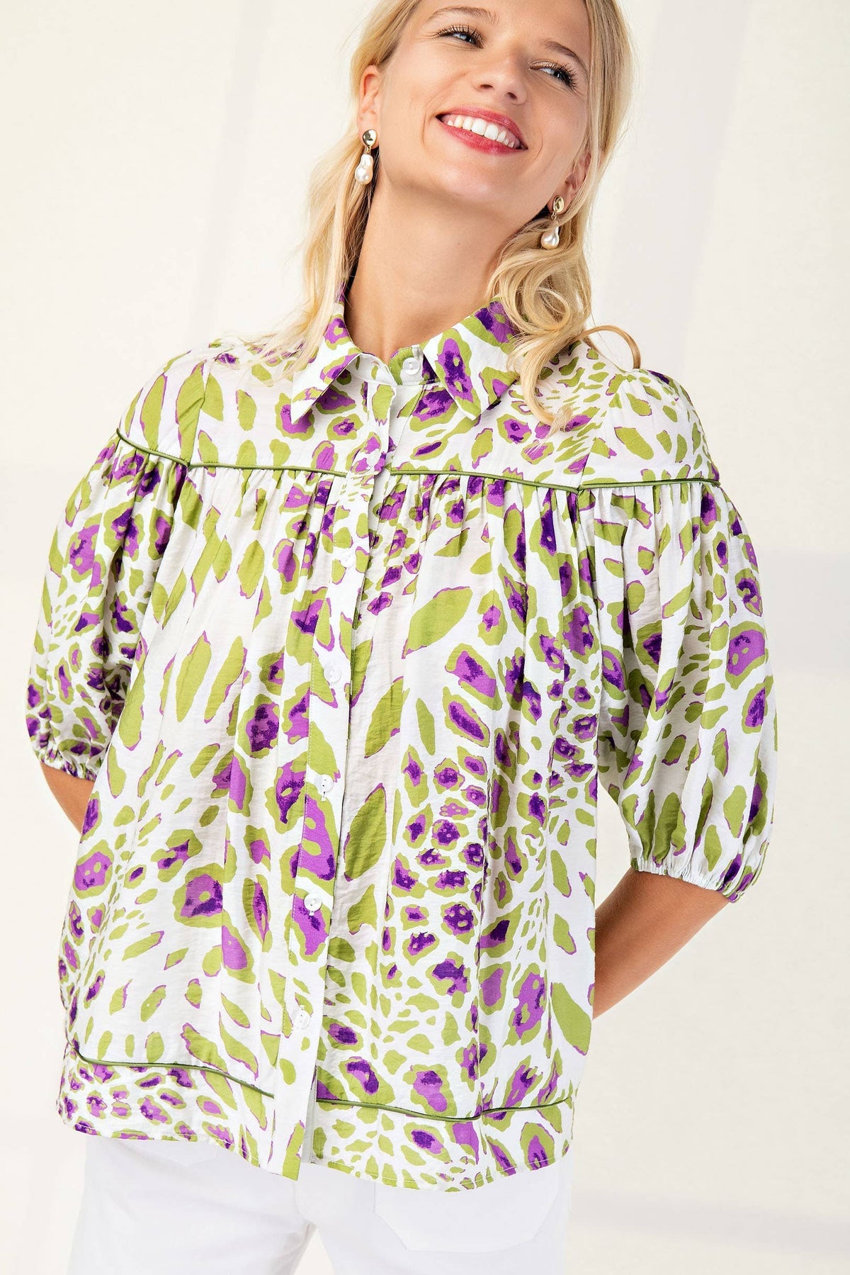 Leopard Print Button Down Blouse: BLUE / 2-2-2 (S-M-L)