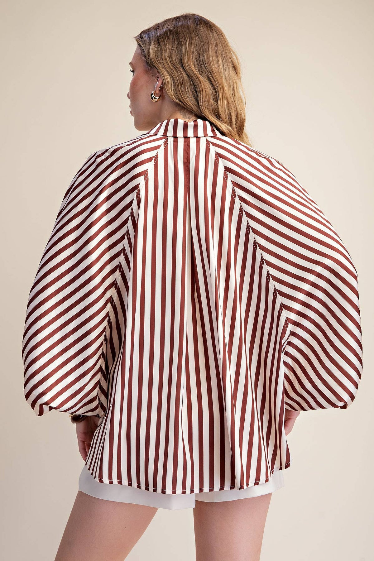 Stripe Wide Puff Sleeve Buttondown Shirt: Olive / S