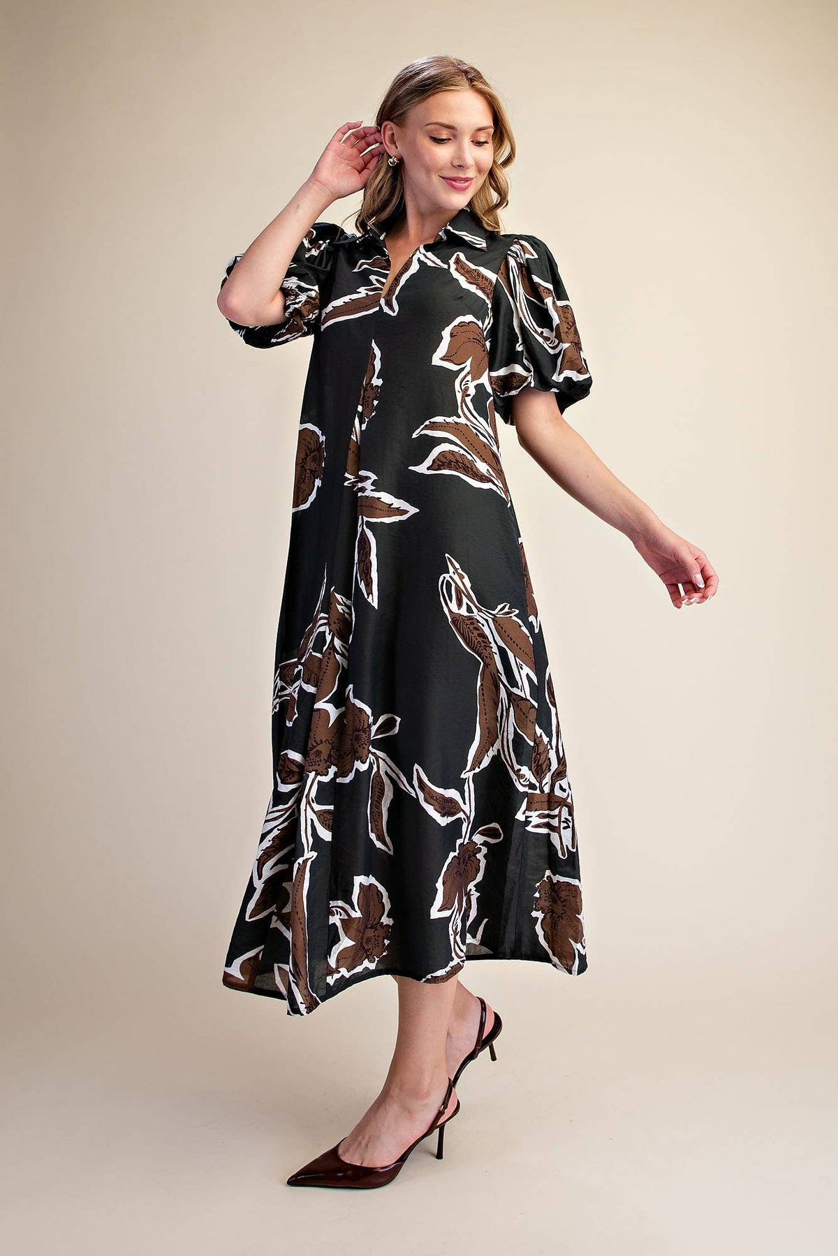 Fall/Winter Print Puff Sleeve Midi Dress : Rust / S
