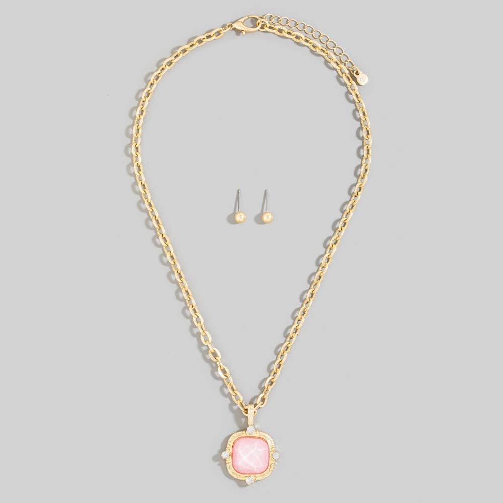 Square Faceted Stone Pendant Chain Necklace Set: PL