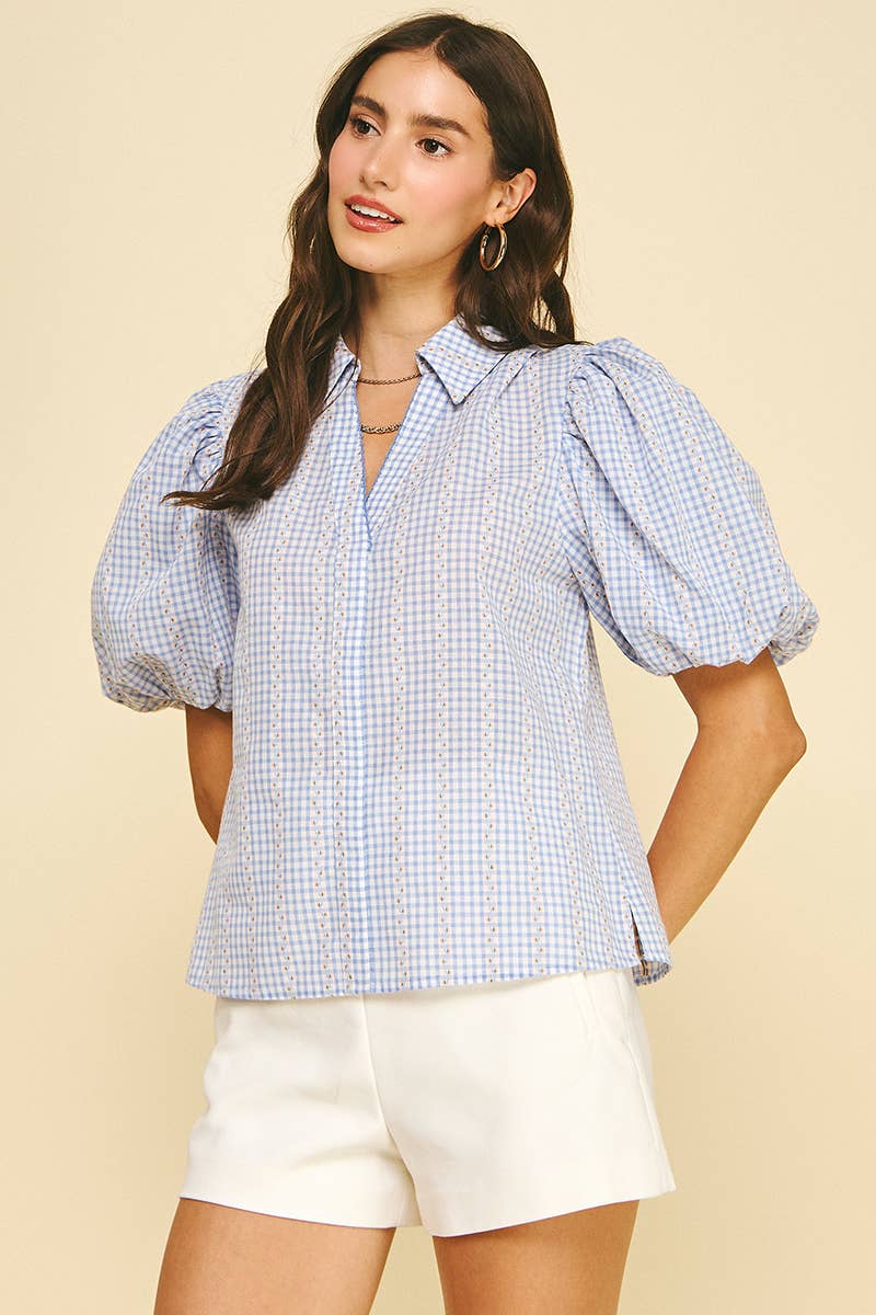 FLORAL PLAID BLOUSE TOP - 5707TD: LIGHT BLUE / L