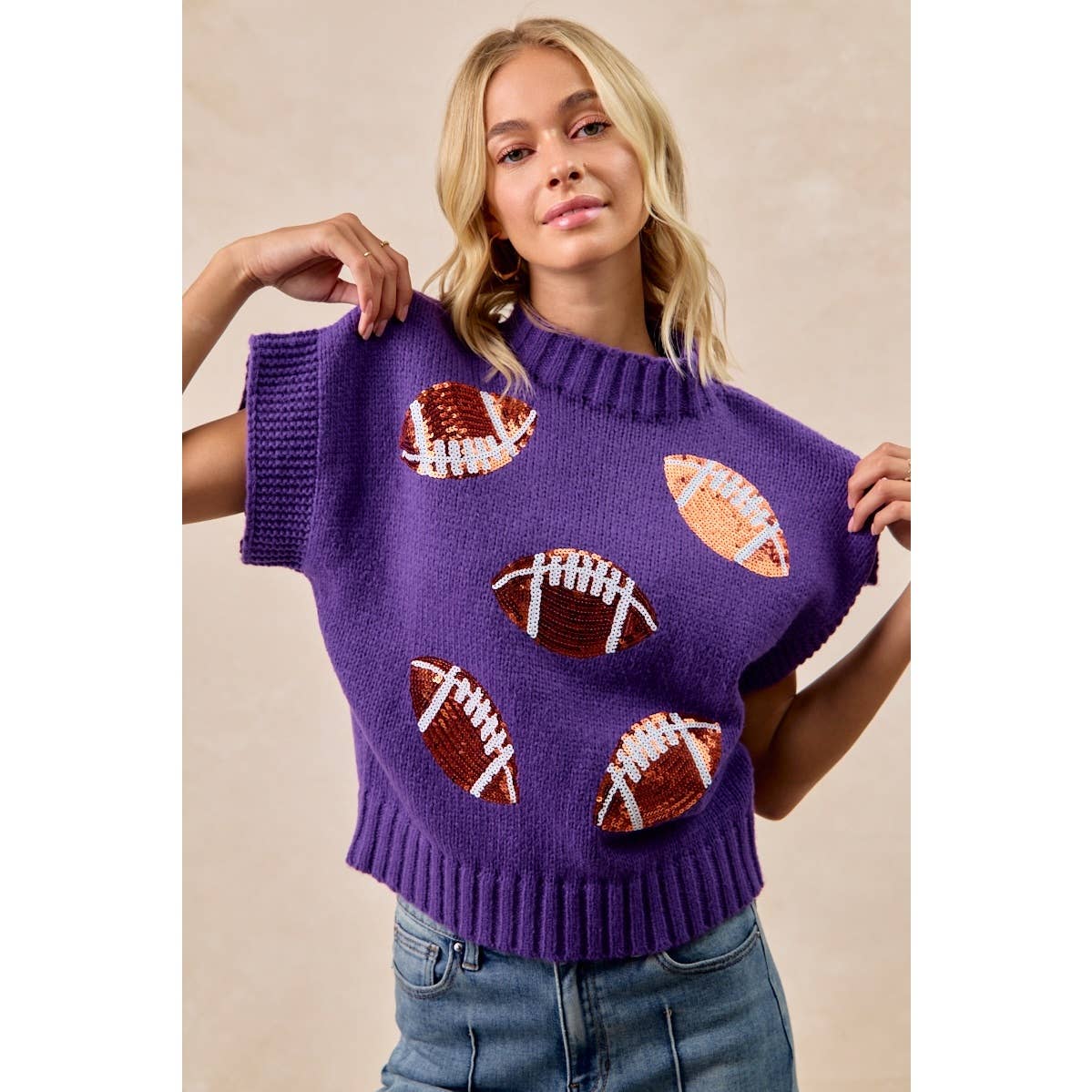 SEQUIN FOOTBALL PATCHES RIB BANDED SWEATER: OATMEAL / M
